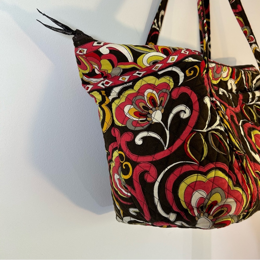 Vera Bradley Puccini Tote Bag Purse Brown Yellow Pink White Pockets Large - Picture 2 of 12